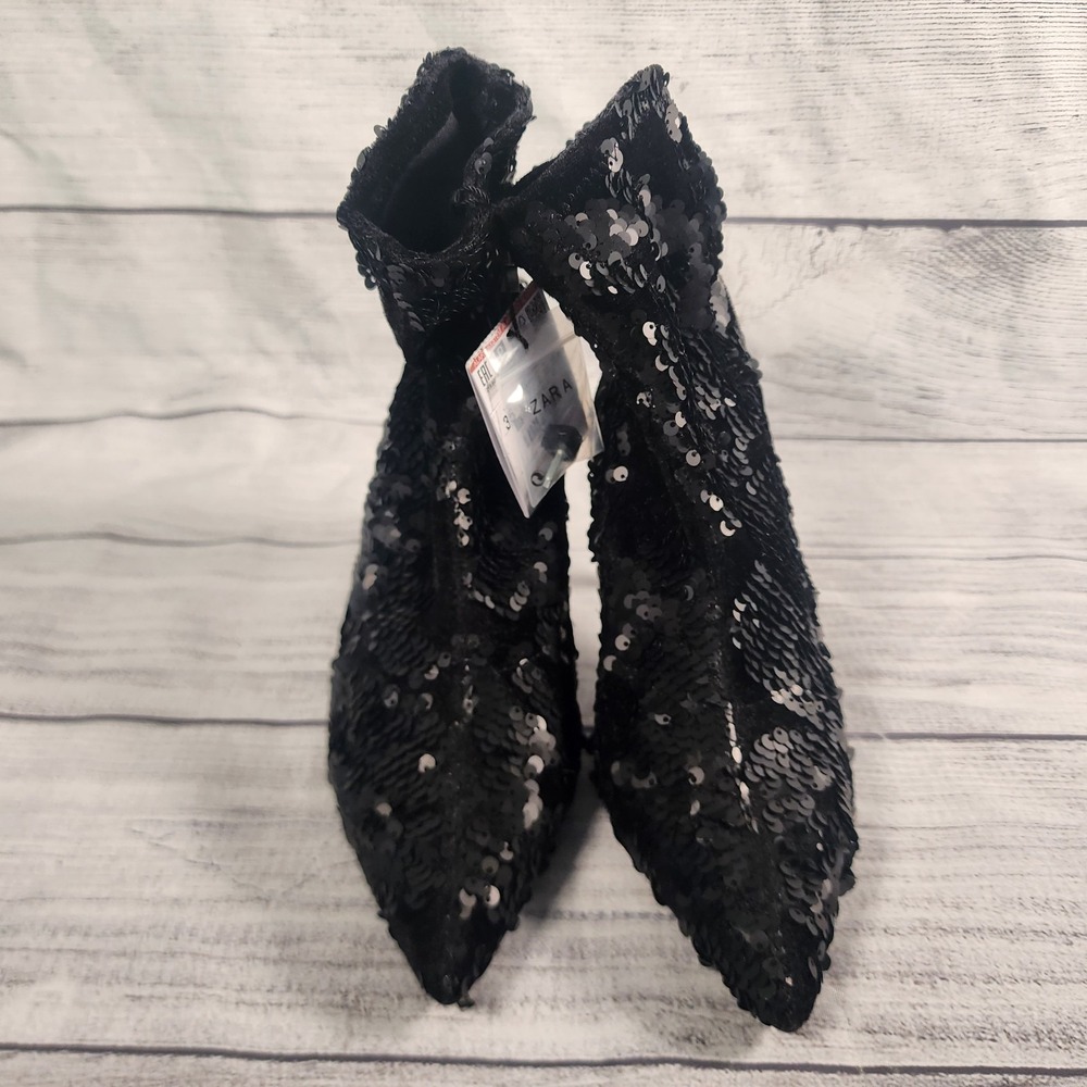 NWT Zara Woman 35 EU Black Runway Sequin Velvet Ankle Stiletto/Kitten Heel Boots - Picture 2 of 8